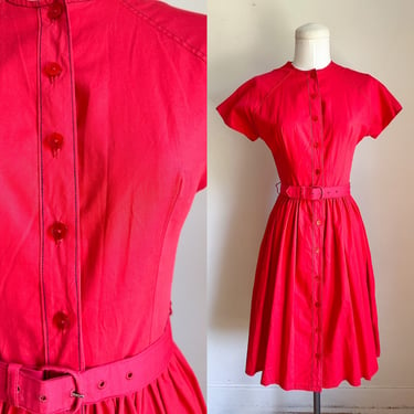 Vintage 1950s Cherry Red Shirt Dress / XS 