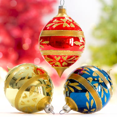 VINTAGE: 1980s - 3pcs - Pink, Blue, Gold Hand Blown Glass Ornaments - Glittered Ornaments - Christmas - SKU 00033463 