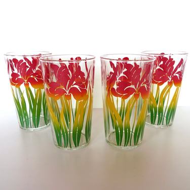 4 Mid Century Modern Swanky Swig Juice Glasses, 1950s Colorful Floral Glass Drinkware 