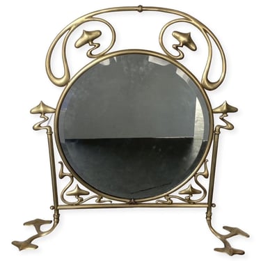 French Art Nouveau Brass Fire Screen with Mirror 