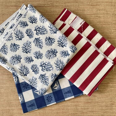 Vintage Waverly Home Seasons Decorator Fabric Set - Blue Nautical Plaid - Coral Trellis - Red Stripe Kismet - Remnants 