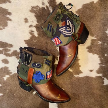 Handcrafted Vintage Acme Cowboy Cowgirl Western Ankle Boots with Military Patches men’s 8 D women’s 9 1/2 M 
