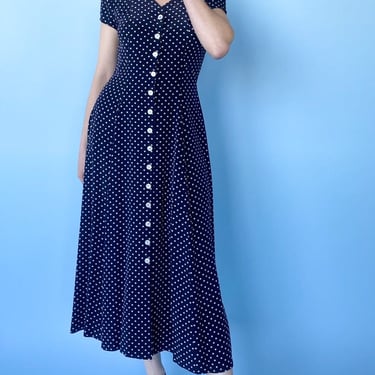 1990s Navy Blue and White Polka Dot Silk Dress, sz. XS/S