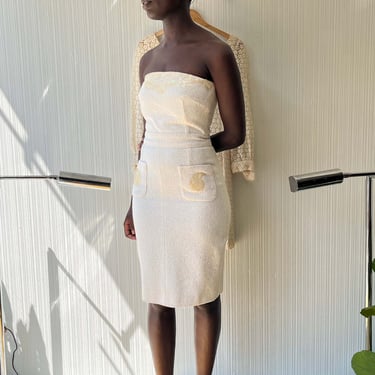 Chanel Ivory Cotton Blend Embellshed Strapless Dress 