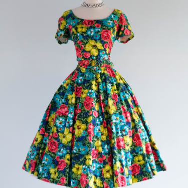 Glorious 1950's Spring Floral Cotton Full Skirt Garden Party Dress By Jeunesse / M