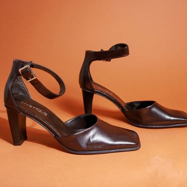 90s Dark Brown Ankle Strap Heels Vintage Classic Minimal Square Toe Heels Shoes 