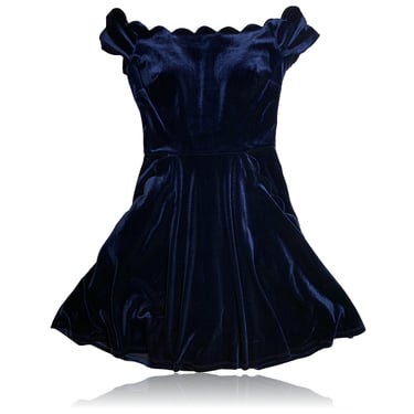 90s Blue Velvet Mini Skater Dress Scalloped Neckline Y2K // B. Darlin // Size 1/2 
