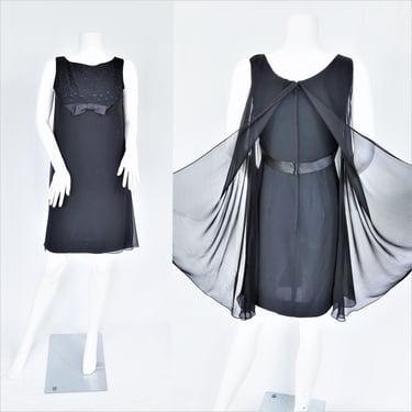 1960's Black Silk Chiffon Trapeze Shift Dress I Sz Sm I Sequin Bodice I Babydoll 