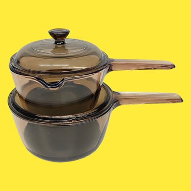 Vintage Vision Pots With Lids Retro 1980s Contemporary + Amber Brown + Glass + 4 Pieces + Teflon Bottom + Cookware + Kitchen + Cook Stovetop 