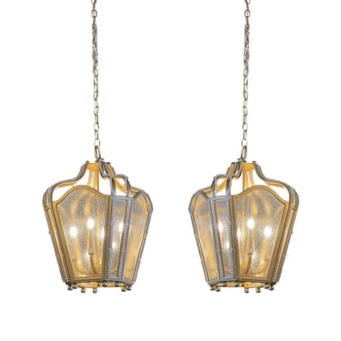 Pair of Gold Finished Wrought Iron Lanterns w/ Textured Glass &amp; Glass Beads