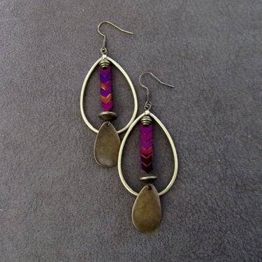Bronze and hematite tear drop hoop earrings, purple 