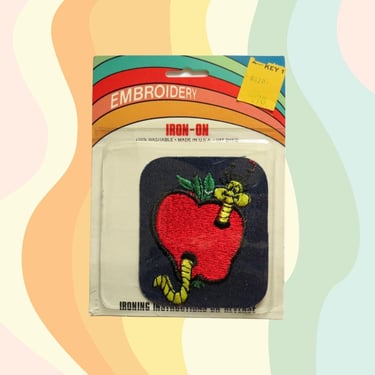 Vintage 70s Patch - Apple and Worm Denim Iron On Applique Emblem - Boho Hippie - 1970s Patches 