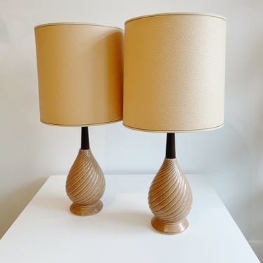Mid Century Beige Ceramic + Wood Table Lamps