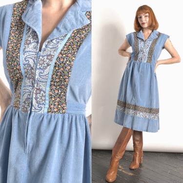 Vintage 1970s Dress / 70s Ribbed Patchwork Dress / Blue ( M L ) 