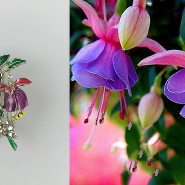 July Means Fuchsias in the Garden - Vintage 1950s Exquisite Fuchsia Painted Enamel July Floral Brooch 