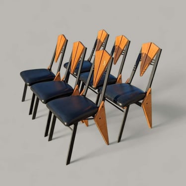 Cool Postmodern Dining Chairs, Set of Six, 80s, Unique, Geometric, Iron, Birch Wood, Triangular, Kitchen, Dining Room 