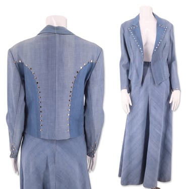 70s Studded denim set 24", vintage 1970s ILLAH California outfit, custom denim jacket and skirt, 70s denim dress sz S 