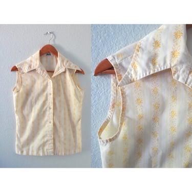 Vintage Sleeveless Blouse - Pastel Yellow Floral Button Up Top - Spring Summer Mod Shirt - Size Small 