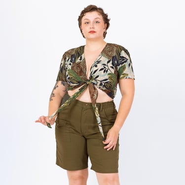 Vintage 90s Green Tropical Floral Tie Front Crop Top - Extra Large | Boho Short Sleeve Cropped Blouse, Deep V Neck Shirt 