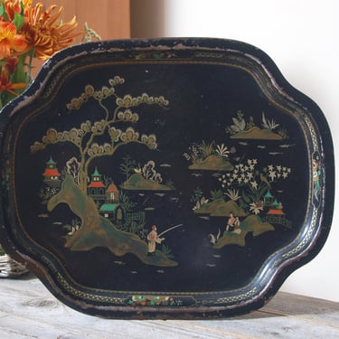 Vintage Asian tray / vintage oval metal tray / shabby chic decor / black painted Asian scene serving tray / boho decor 