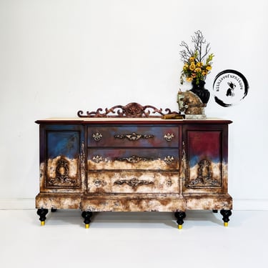 Grunge style Credenza, Old World Cabinet. Painted China Cabinet. Dining or Living Room Storage Hutch. Bedroom Dresser. 
