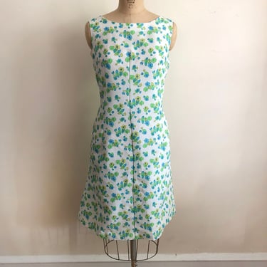 Blue and White Floral Print Shift Dress - 1960s 