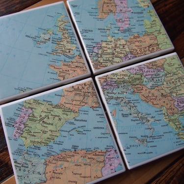 1967 Europe Map Coaster Set of 4. European Decor. Vintage Map. Repurposed Atlas. Europe Travel Gift. World Traveler Gift. Geography Teacher. 