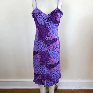 Purple and Black Floral Print Slip Dress - 1990s 