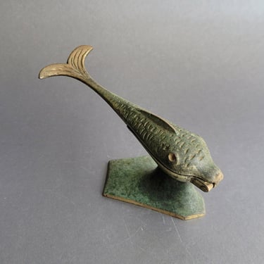 Vintage nut cracker FISH Tabletop brass with green patina nutcracker Made in Israel 