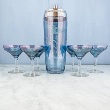 Vintage Etched Blue Crystal Cocktail Set