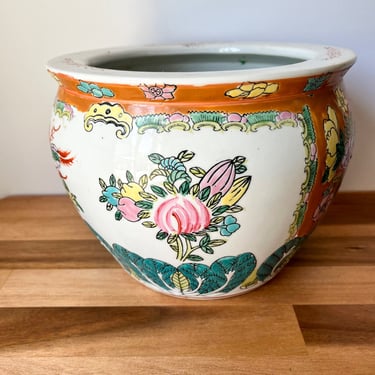 Small Asian Fishbowl. Colorful Vintage Planter. Vintage Asian Pot. 