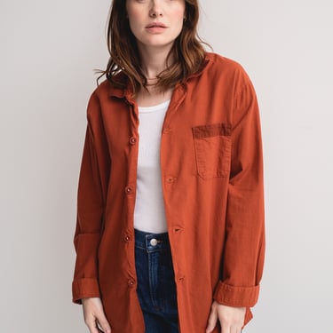 The Two Tone Potter Shirt in Brick Red | Vintage Long Sleeve Contrast Color Cotton Work Shirt | Wrapped Buttons Simple Blouse | M 