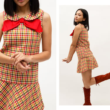 Vintage 1960s 60s Mod Mustard Checkered Drop Waist Mini Dress w/ Jabot Bow Peter Pan Collar 