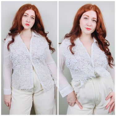 1990s Vintage Claudia Richards White Ribbon Blouse / 90s / Nineties Semi Sheer Crinkle Button Up Shirt / Size Medium - Large 