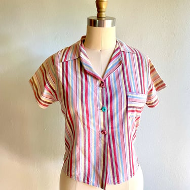 Vintage 1940s Candy Stripe Cotton Pocket Sportswear Blouse Top Shirt 
