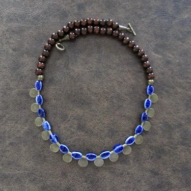 Ceramic and wooden beaded necklace, royal blue 