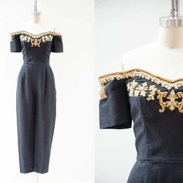 black strapless jumpsuit | 90s vintage ramie linen beaded embroidered wide leg off shoulder jumpsuit 