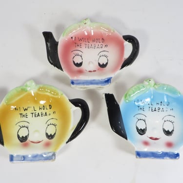 Vintage Tea Bag Holders - Set of 3 Fruit Faced Anthropomorphic Teabag Holders 