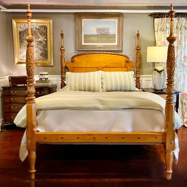 Custom Acanthus Leaf Carved Tall Post Bed in Maple, Queen Size with Carved Crest Paneled Headboard