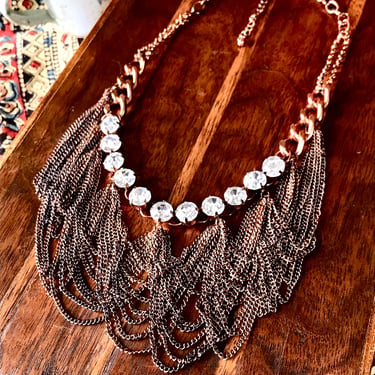 Vintage Rhinestone Layered Chain Necklace Collar Bib Copper Tone Glass StonesRetro Style 
