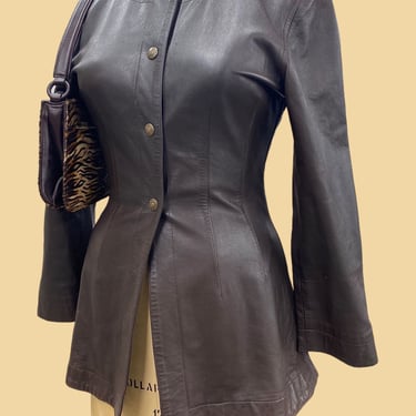 Vintage Fendi Brown Leather Jacket 1990s Retro Size 40 Womens Fashion + L/S + Button Front + Flared Hips + Fall Outerwear + Famous Designer 