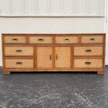 Vintage Hollywood Regency Dresser by Drexel Captiva with Faux Bamboo Wood, Rattan & Greek Key - Campaign Style Credenza 
