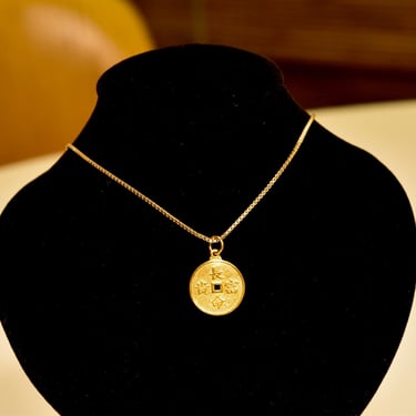 Vintage 22KT Gold Chinese Cash Coin Pendant, Bright Yellow Gold Medallion, Raised Chinese Symbols, Two-Sided Coin Charm, 1