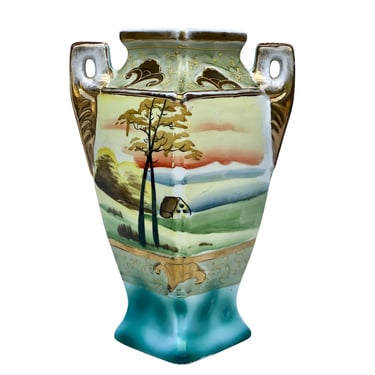 Vintage Japanese Porcelain Imari Landscape Motif Handle Vase by Miyako Japan