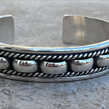 L.A. Willie ~ Vintage Navajo Sterling Silver Cuff Bracelet with Bowed Center Framed in Braided Sterling 