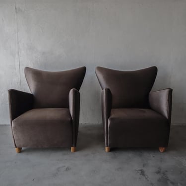 Pair of Oversized Art Deco Wingback Lounge Chairs 