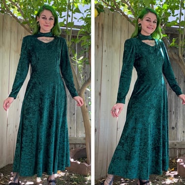 Vintage 1990’s Green Velvet Dress with Cross Over Collar 