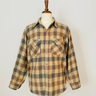 Vintage Brown / Beige / Gray Plaid / Flannel Button Up Shirt / Unisex / Butterfly Collar / FREE SHIPPING 