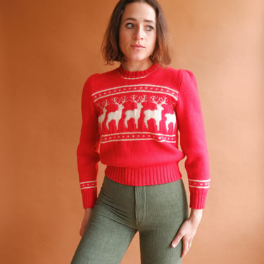 Vintage 50s Red Reindeer Sweater/ 1950s Cropped Puff Sleeve Holiday Wool Knit/ Size XS Small 