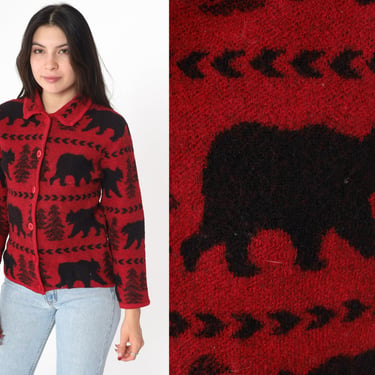 Bear Cardigan Jacket 90s Red Boiled Wool Sweater Wildlife Nordic Tree Print Button Up Collared Animal Sweater 1990s Vintage Black Small 